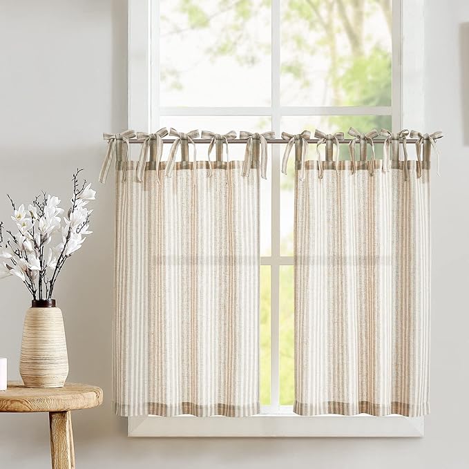 jinchan Tie Top Linen Kitchen Curtains 36 Inches Striped Tier Curtains by JINCHAN