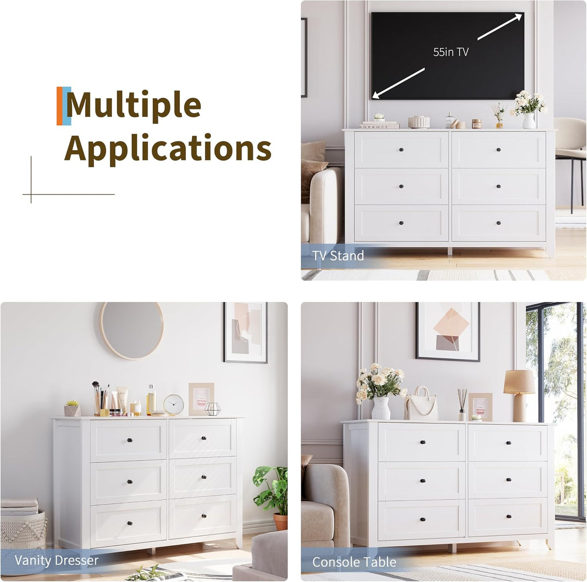 garveehome white 6 drawer dresser for bedroom on a desk or shelf