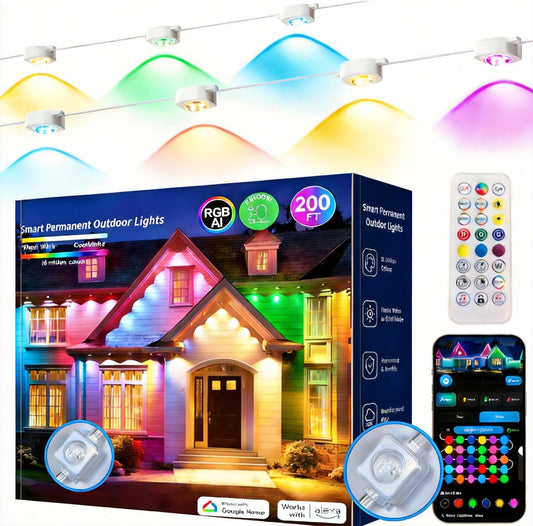 Permanent Outdoor Lights 200ft RGB+IC Outdoor String Lights App&Voice Control,IP67 Waterproof,100 Scene Modes Decoration for Home Christmas,Halloween,Holiday（100ftx2pack