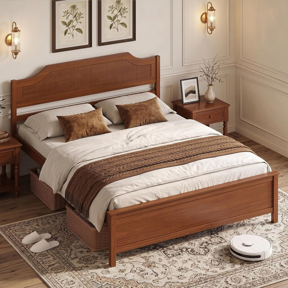 giantex wood queen size bed frame with curved, close-up detail