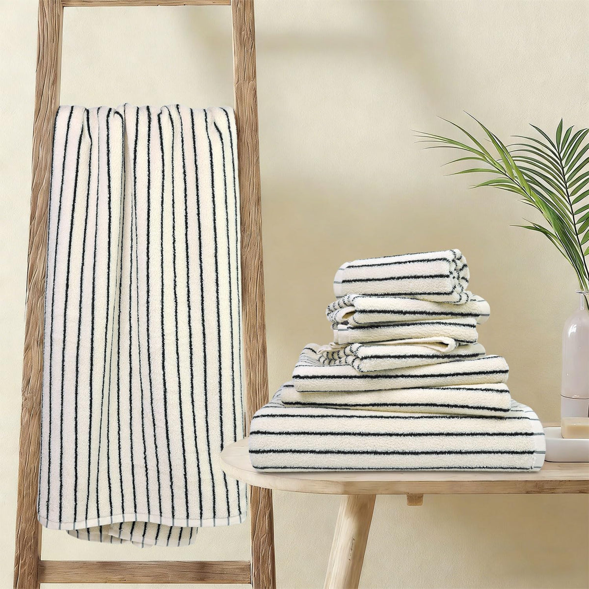 8 piece black and ivory towel set, super, front angle view