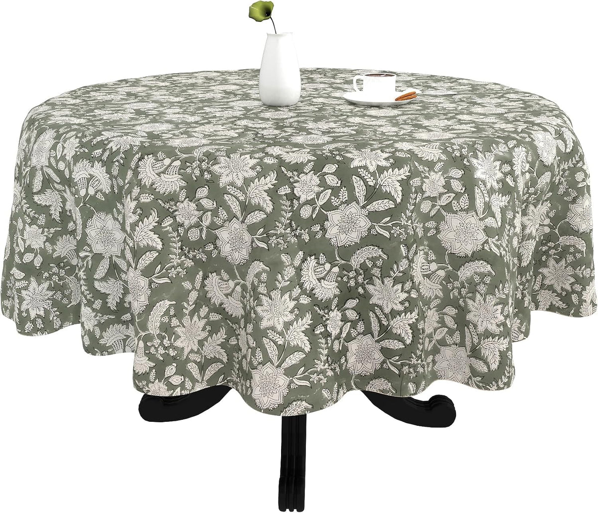 FYNITE Forest Frost Tablecloth | 72" Inches Round | 100% Cotton | Hand Block Print | Washable | Farmhouse & Fall Decor | Table Cover for Halloween | Thanksgiving | Christmas | Wedding | Parties