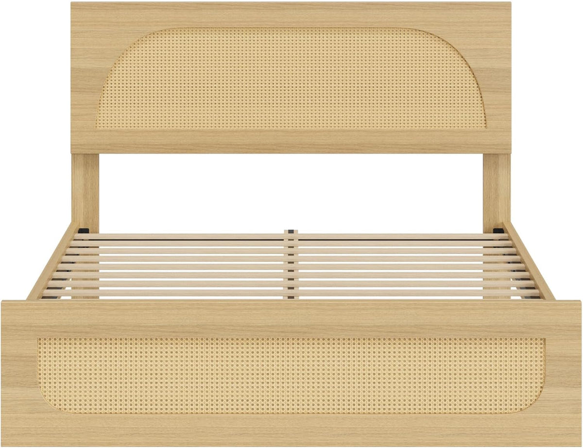 kislot boho rattan bed frame, farmhouse platform, natural, front angle view
