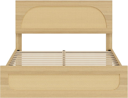 kislot boho rattan bed frame, farmhouse platform, natural, front angle view