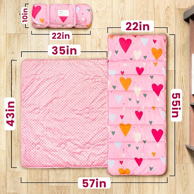 Toddler Nap Mat with Pillow and Minky Blanket, Large 55"x35" Sleeping Bag - Image 2