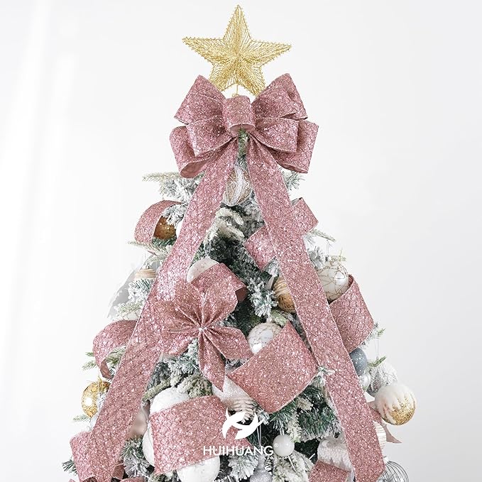 HUIHUANG Rose Gold Christmas Ribbon 4 inch Rose Gold Glitter Wired Ribbon - Image 4