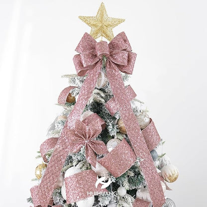 HUIHUANG Rose Gold Christmas Ribbon 4 inch Rose Gold Glitter Wired Ribbon - Image 4
