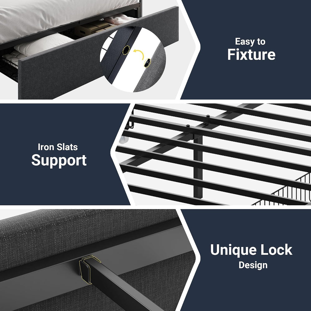 Allewie Full Size Platform Storage Bed Frame with 3 Drawers, Dark Grey