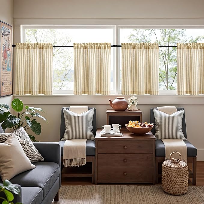 jinchan Striped Linen Kitchen Curtains 24 Inches Length Tier Curtains Farmhouse - Image 3