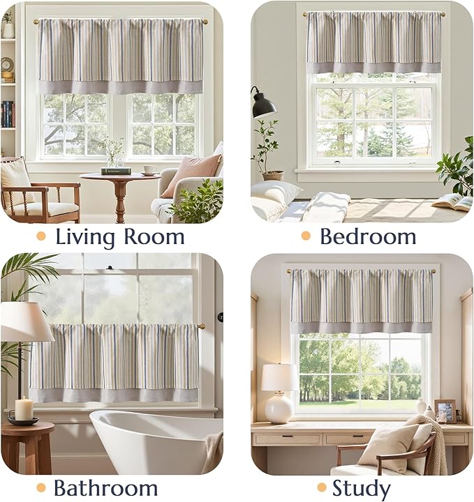 jinchan Colorful Striped Linen Double Layer Valance Pinstripe Rustic Cafe - Image 4