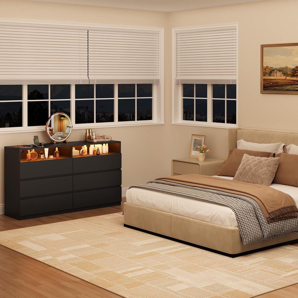 vipbear 6 drawer dresser with led light chest, front angle view