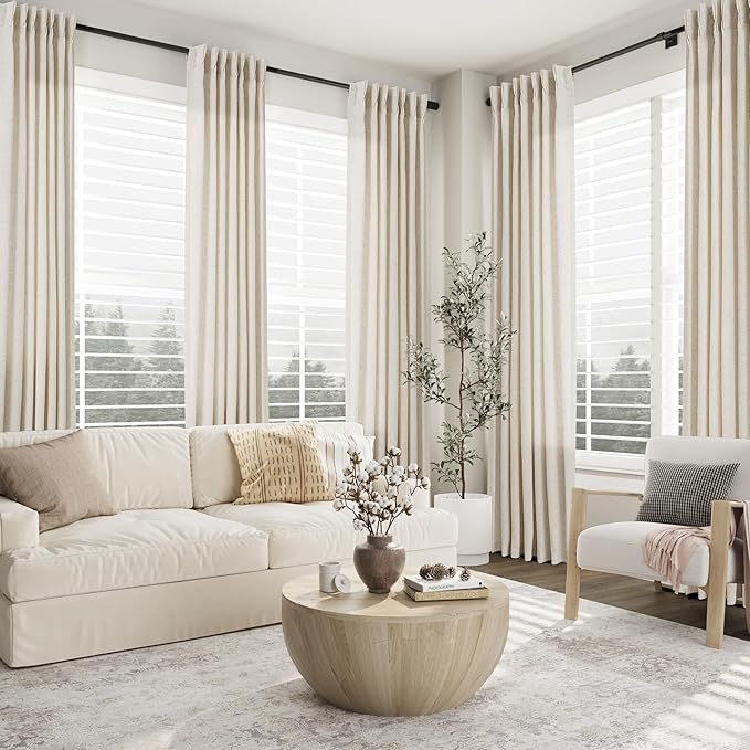 Cream Beige Pinch Pleat Linen Curtains 90 Inch Length 2 Panels Set - Image 5