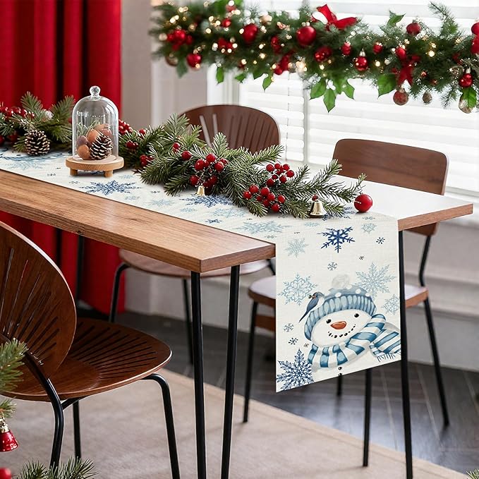 OTOSTAR Snowflakes and Blue Snowman Christmas Table Runner, Xmas Seasonal - Image 7