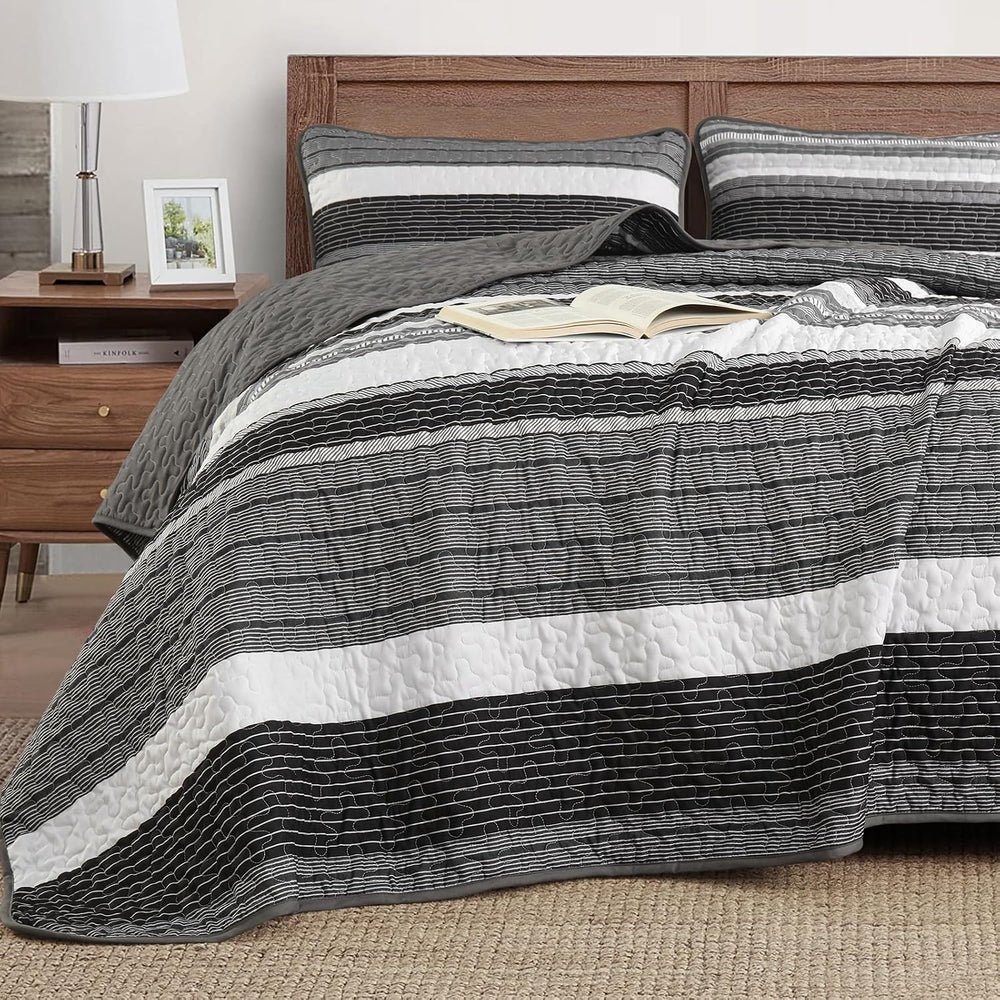 Djoymock Quilt Set Full Size, 3 Pieces Patchwork Striped Bedding Set, Grey