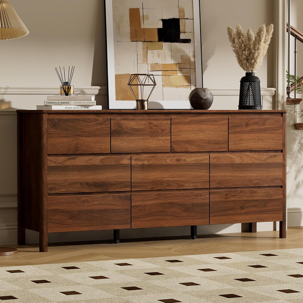 63.1" Wide 10 Drawer Wood Dresser for Bedroom with Legs, Walnut