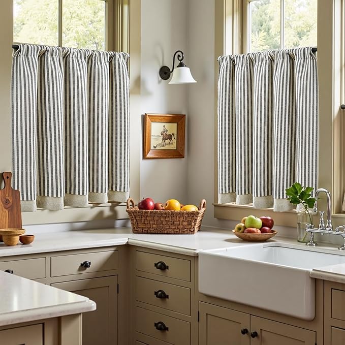 jinchan Double Layer Striped Linen Kitchen Tier Curtain Rustic Cafe - Image 4