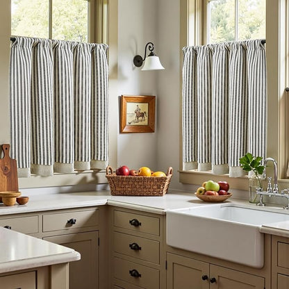 jinchan Double Layer Striped Linen Kitchen Tier Curtain Rustic Cafe - Image 4