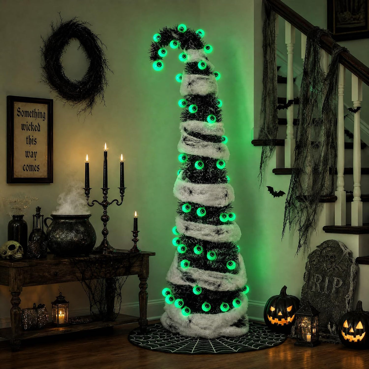 5FT Black Halloween Christmas Tree with 50 Eyeball Lights, Whimsical Pop Up Tree with Tree Skirt Battery Powered Built-in Timer Spider Decorations Stretchable Cobwebs, Indoor Outdoor Spooky Decor