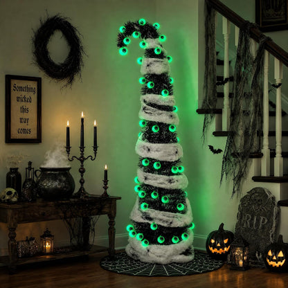 5FT Black Halloween Christmas Tree with 50 Eyeball Lights, Whimsical Pop Up Tree with Tree Skirt Battery Powered Built-in Timer Spider Decorations Stretchable Cobwebs, Indoor Outdoor Spooky Decor