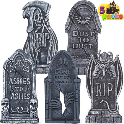JOYIN 17” Halloween Tombstones For Graves Decorations Outdoor (5 Pack), Foam RIP Graveyard Headstone Decorations and 12 Bonus Metal Stakes For Halloween Yard Lawn Decor