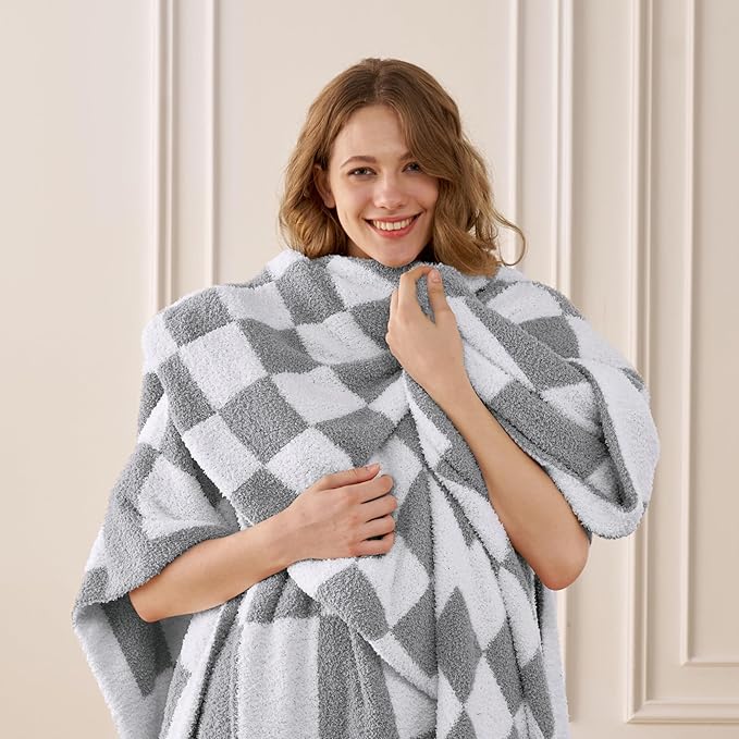 Joiedomi Twin Blanket for Couch Bed, Light Grey Checkered Knitted Blankets - Image 2