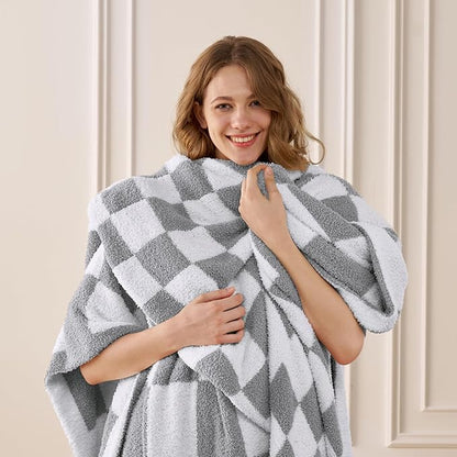 Joiedomi Twin Blanket for Couch Bed, Light Grey Checkered Knitted Blankets - Image 2