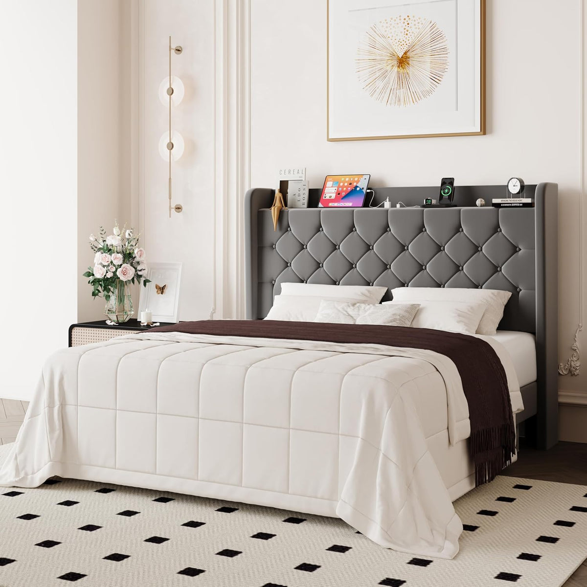 allewie queen bed frame, storage headboard & charging, close-up detail