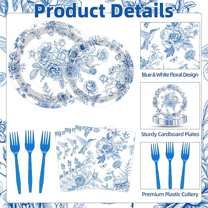 100 Pcs Blue and White Floral Tableware Party Supplies Set, Serves 25 – - Image 3