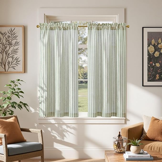 jinchan Striped Linen Kitchen Curtains 45 Inches Length Tier Curtains Farmhouse by JINCHAN