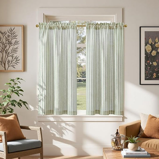 jinchan Striped Linen Kitchen Curtains 45 Inches Length Tier Curtains Farmhouse by JINCHAN