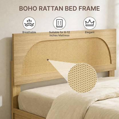 kislot boho rattan bed frame, farmhouse platform, natural, side view