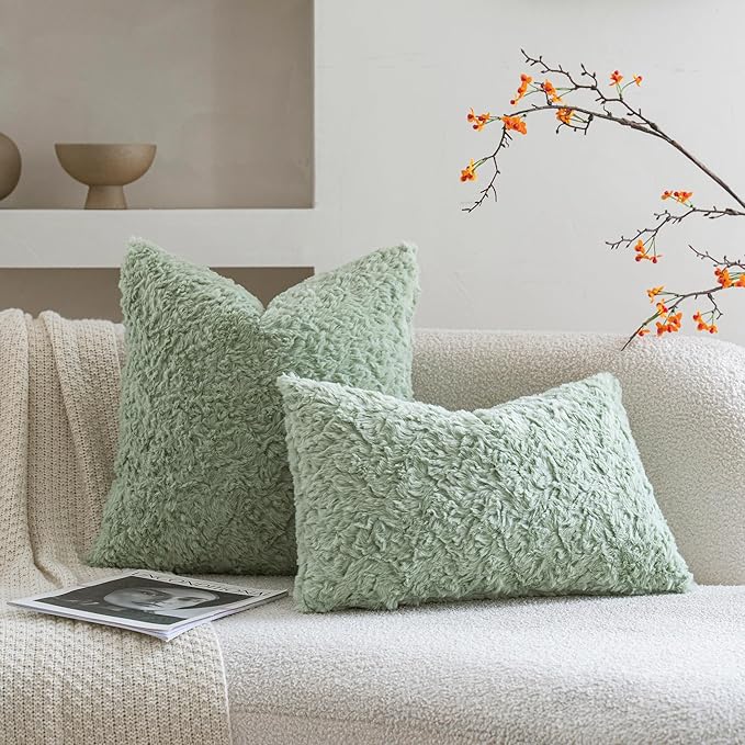 Neelvin Set of 2 Faux Fur Throw Pillow Covers 18x18 Inch Sage Green Cozy Soft - Image 3