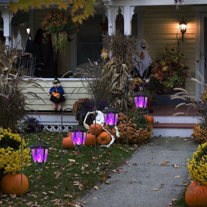 Dynaming 4 Pack Solar Halloween Flame Hanging Lights Outdoor, Flickering Flame LED Garden Lanterns with 4x38 Inch Shepherd Hooks, Landscape Lighting Waterproof for Lawn Yard Pathway Driveway, Purple