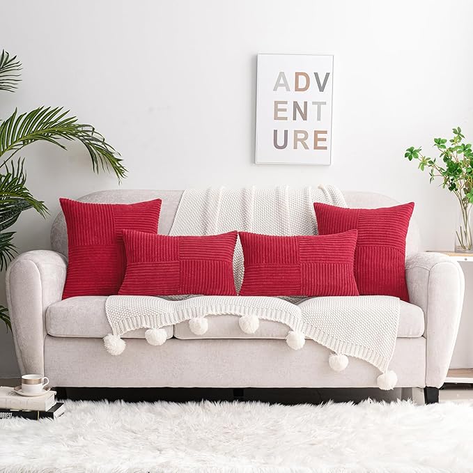 HWY 50 Red Corduroy Patchwork Throw Pillow Covers 18x18 Inch, Soft Cozy - Image 5