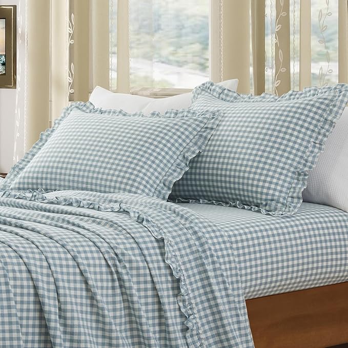 KKJIAF 2 Pcs Plaid Ruffle Pillow Case King Size, Cotton Gingham Ruffled Euro - Image 3