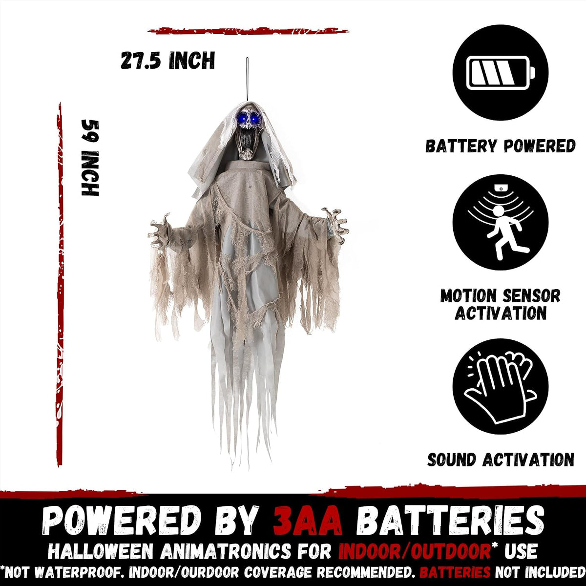 Halloween Animatronics Decorations Scary Hanging Ghost, 59'' Animated Halloween Skeleton Decor Motion Activated with Creepy Sound, Light Up Eyes, Party Decorations for Haunted House Indoor Outdoor