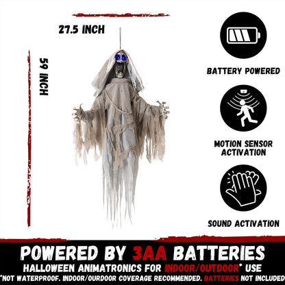 Halloween Animatronics Decorations Scary Hanging Ghost, 59'' Animated Halloween Skeleton Decor Motion Activated with Creepy Sound, Light Up Eyes, Party Decorations for Haunted House Indoor Outdoor
