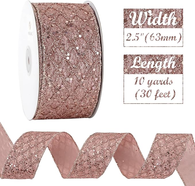 HUIHUANG Rose Gold Glitter Wired Ribbon - Image 2