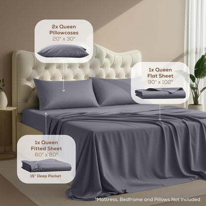 Queen Size Sheet Set – 4 Piece Bed Sheets, Soft and Breathable Microfiber, Includes 1 Fitted Sheet, 1 Flat Sheet and 2 Pillowcases – Oeko Tex (Grey)