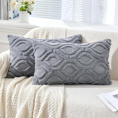 MIULEE Grey Blue Throw Pillow Covers 12x20 Inch, Soft Winter Plush Faux Wool by MIULEE