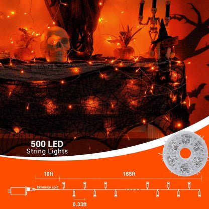 QITONG Halloween String Lights Outdoor Waterproof, 165ft 500 LED Orange led Lights Indoor, 8 Modes Clear Wire Twinkle Lights Plug in for Garden Patio Yard Decor