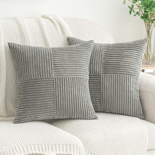 HWY 50 Gray Grey Corduroy Patchwork Throw Pillow Covers 18x18 Inch, Soft Cozy by HWY50