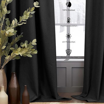 Black Linen Blackout Curtains for Living Room 96 Inches Long 2 Panels Set Back - Image 6
