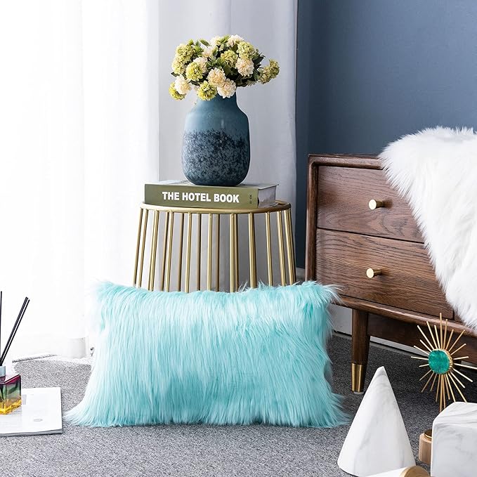 LIGICKY Set of 2 Decorative Teal Fluffy Lumbar Soft Turquoise Faux Fur Throw - Image 2