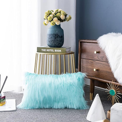 LIGICKY Set of 2 Decorative Teal Fluffy Lumbar Soft Turquoise Faux Fur Throw - Image 2