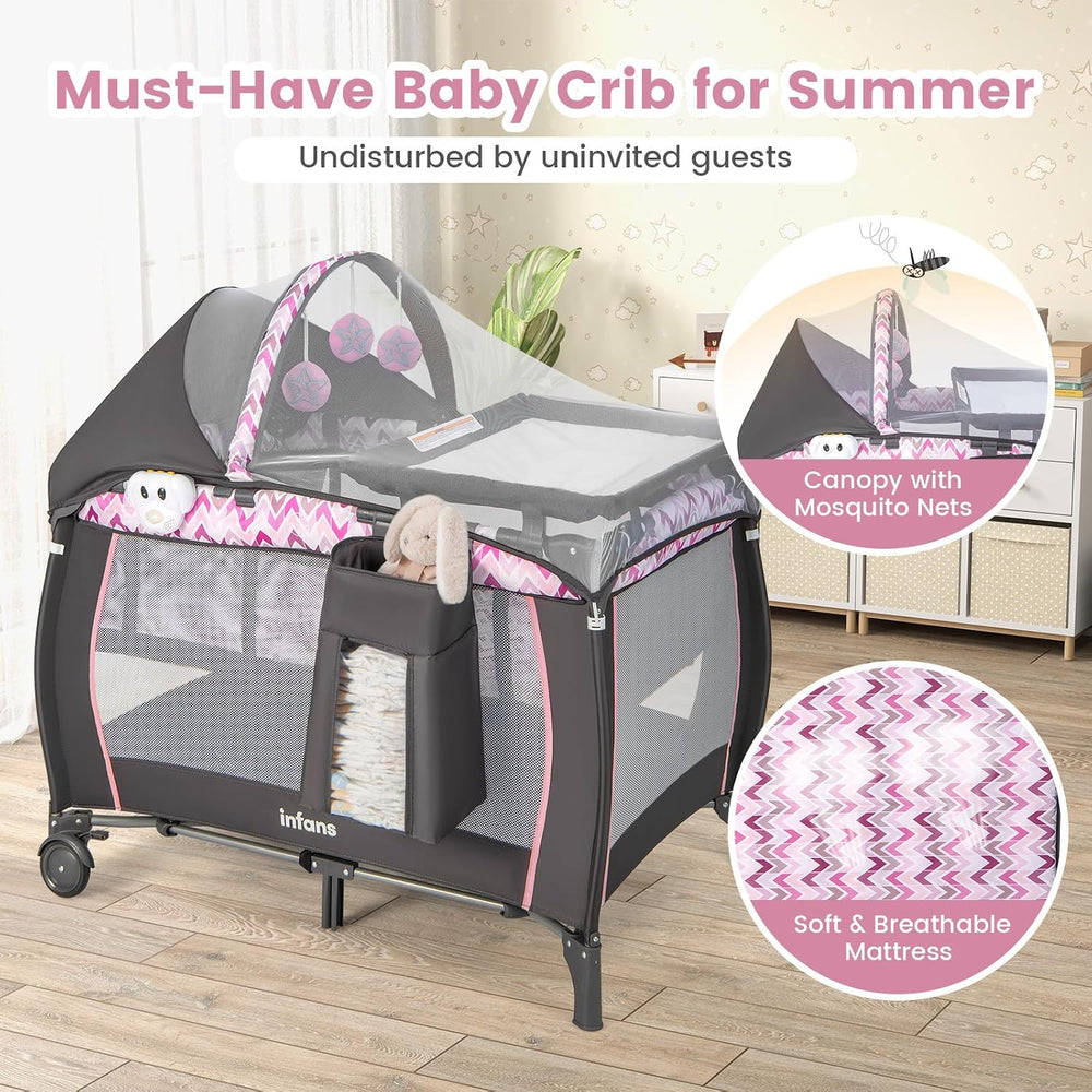 INFANS 4 in 1 Pack and Play with Bassinet, Changing Table, Storage Basket