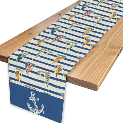 Nautical Anchor Table Runner, Retro Coastal Ship Anchor Stripe Navy Blue - Image 4