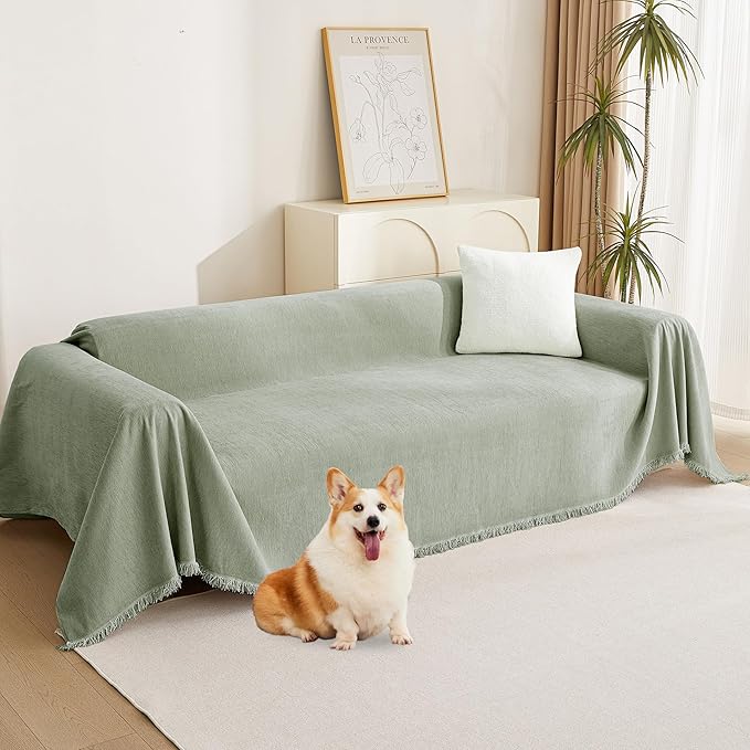 MYSKY HOME Green Sofa Covers Tassel Couch Cover by MYSKYHOME