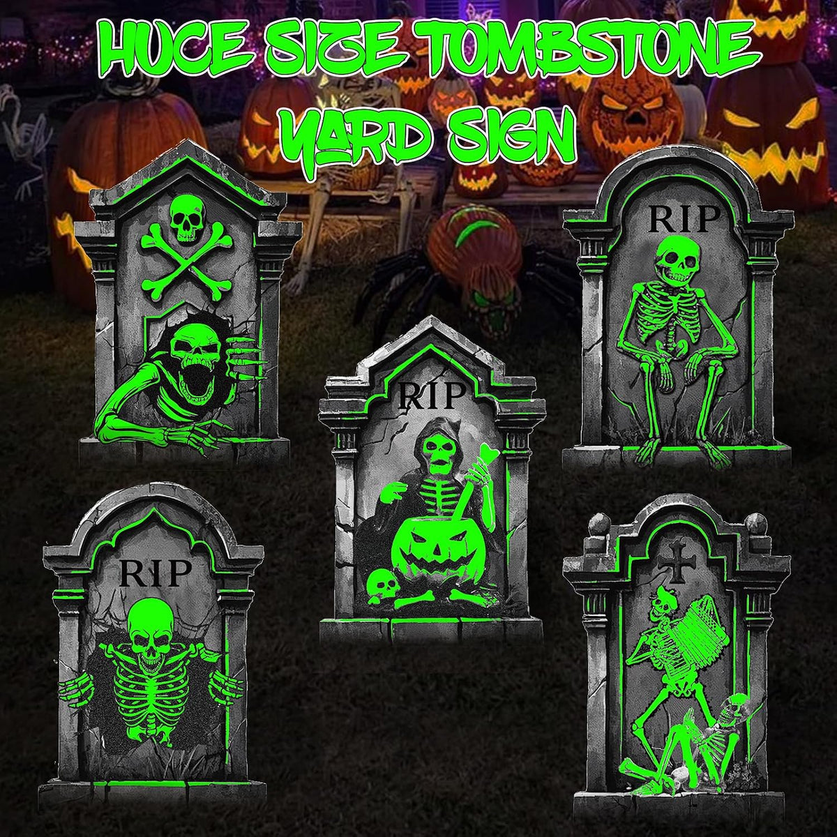 25.2in Halloween Tombstones Outdoor Decor Glow in The Dark - 5PCS Large Tombstones for Graves Halloween Gravestones Decorations Yard Signs