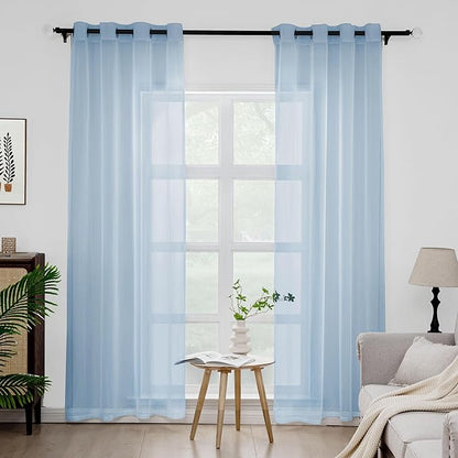 Foil Stripe Blue Sheer Curtains 84 inches Length 2 Panels by MISSTIAM